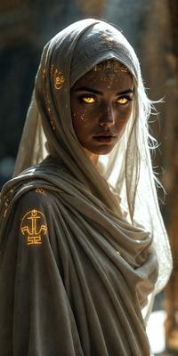The primary subject of the image is a woman wearing a white veil and a white dress. She is looking at the camera with a mysterious expression. The setting is a dark room, and the visual style appears to be a combination of a photo and digital art. The colors in the image are predominantly white, giving it a serene and elegant atmosphere.